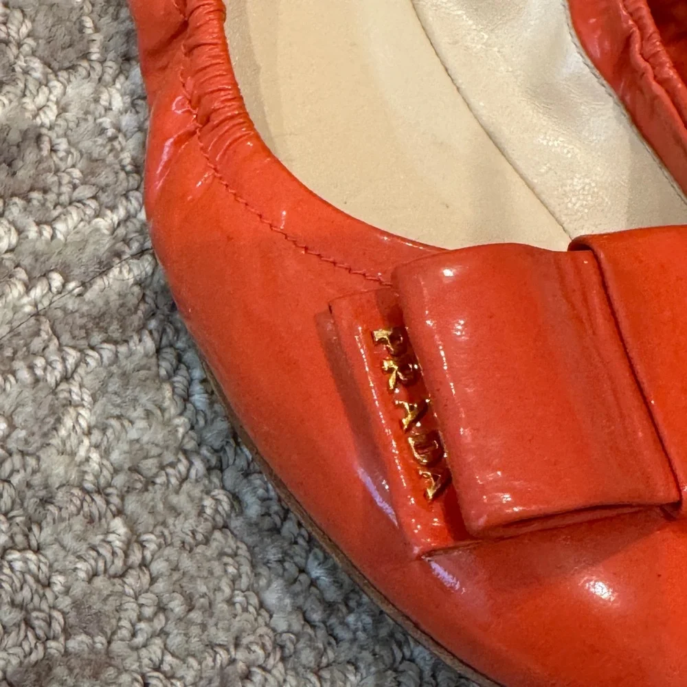 Prada Women's Patent Leather Orange Ballet Flats - Picture 2 of 8
